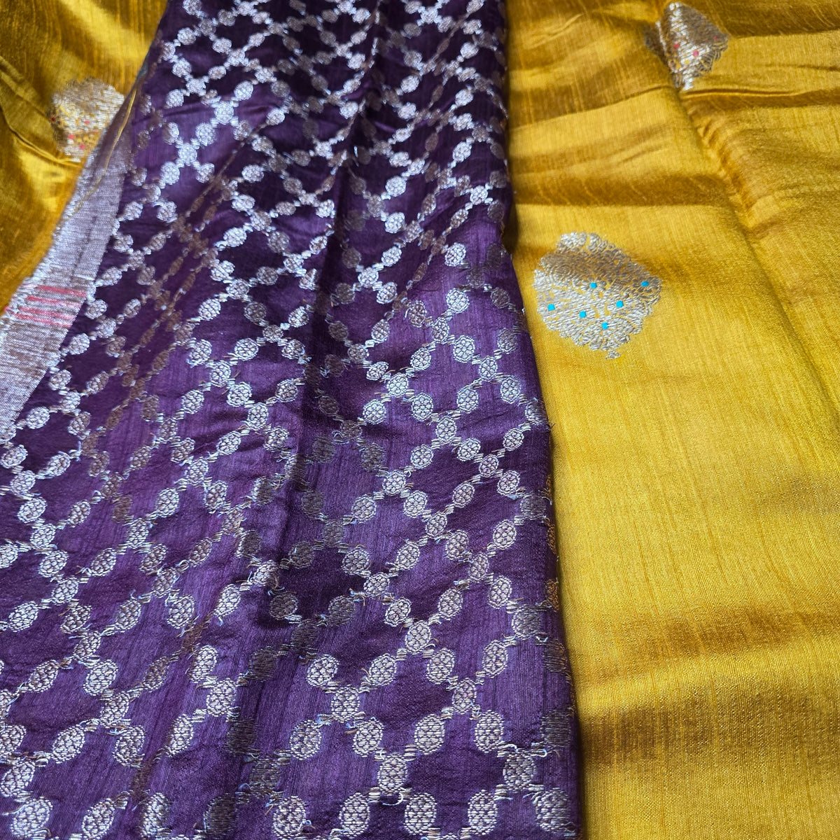 Pure Handloom Matka Silk - Mustard Yellow with Brown contrast