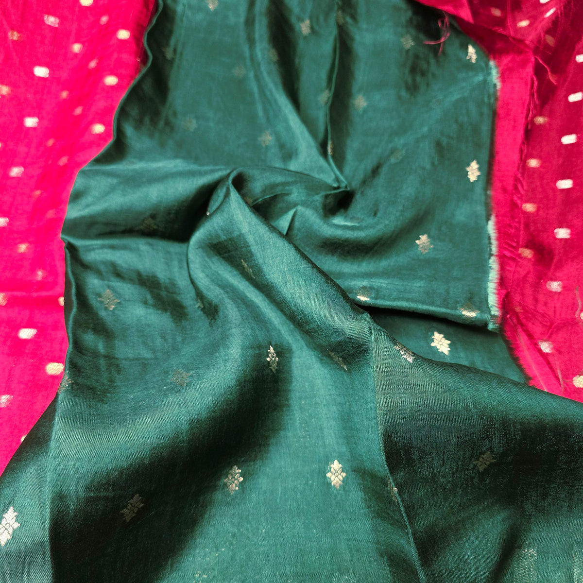 Viscose Crepe Silk - Red with small gold zari buttas