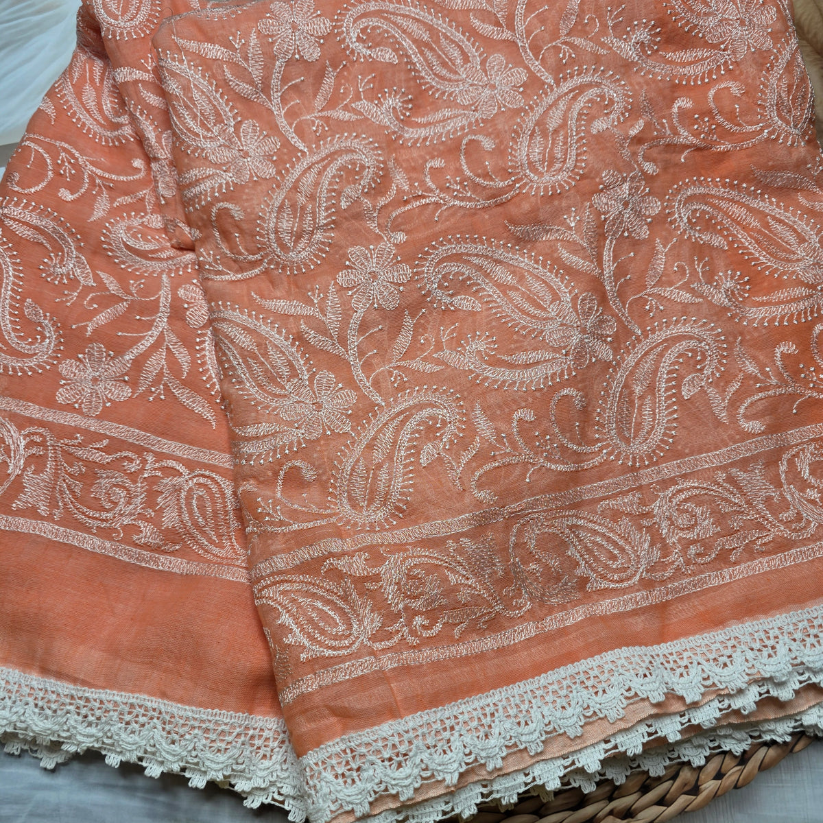 Peach Pure Mul Cotton Chikankari saree