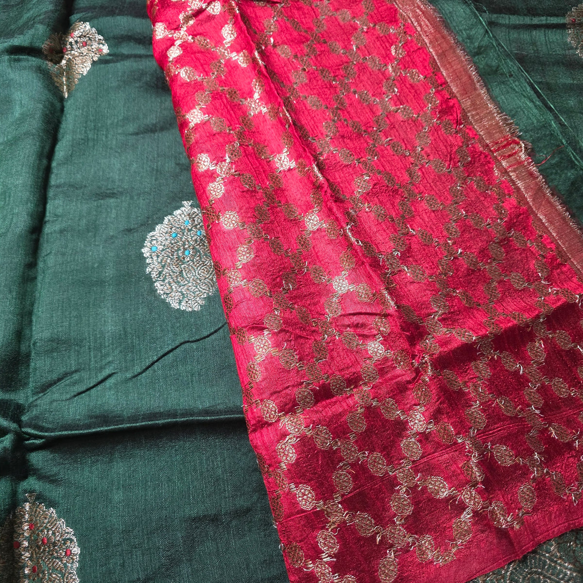 Pure Handloom Matka Silk - Green with Red contrast