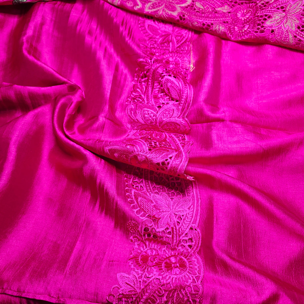 Pure Raw Silk - Machine embroidery with scallop cut work - Fuscia Pink