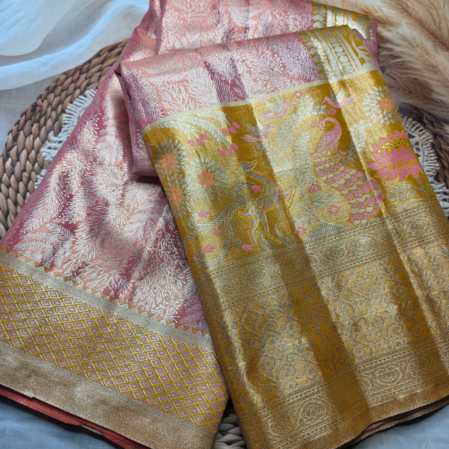 Gold and peach silk saree