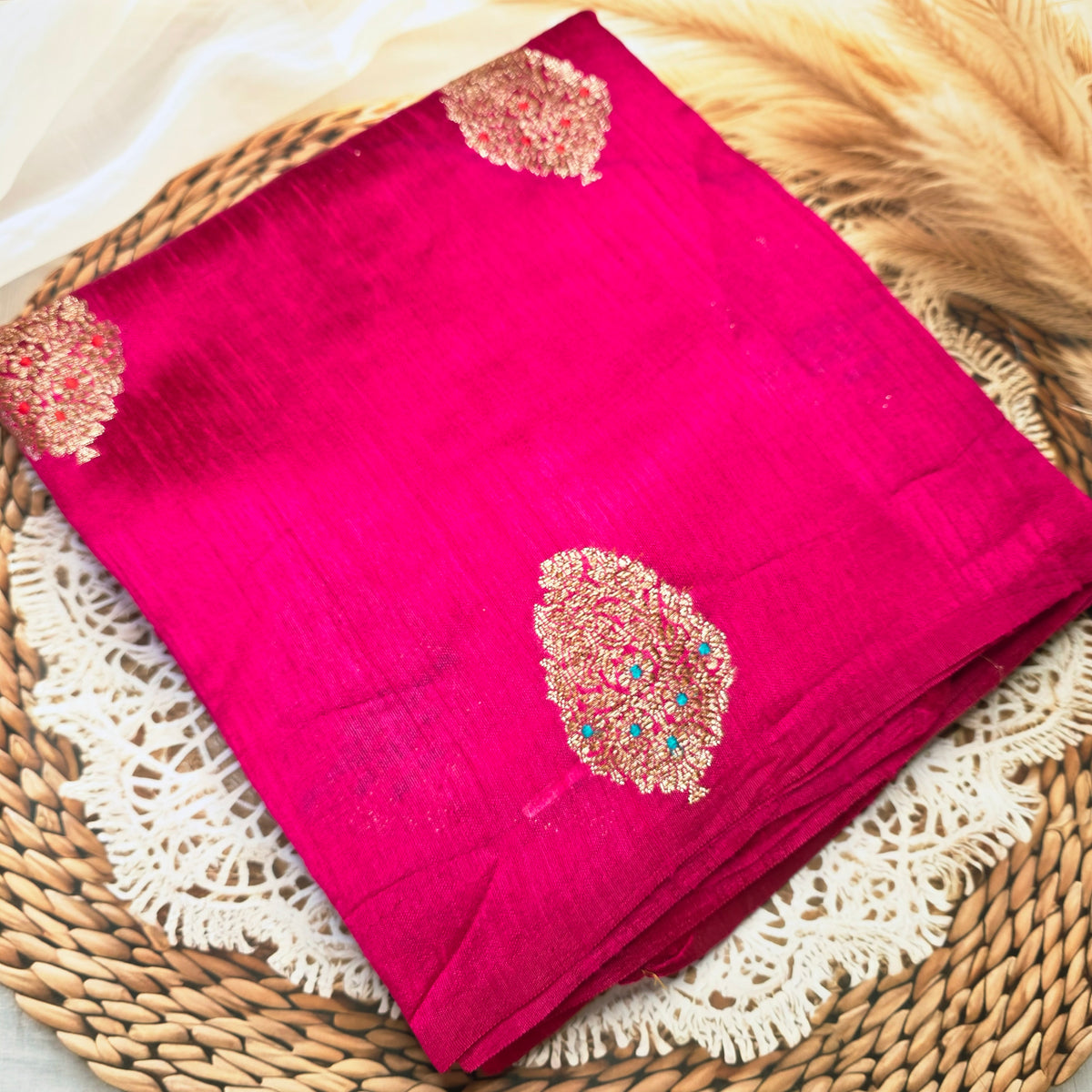 Pure Handloom Matka Silk - Rani pink with blue contrast