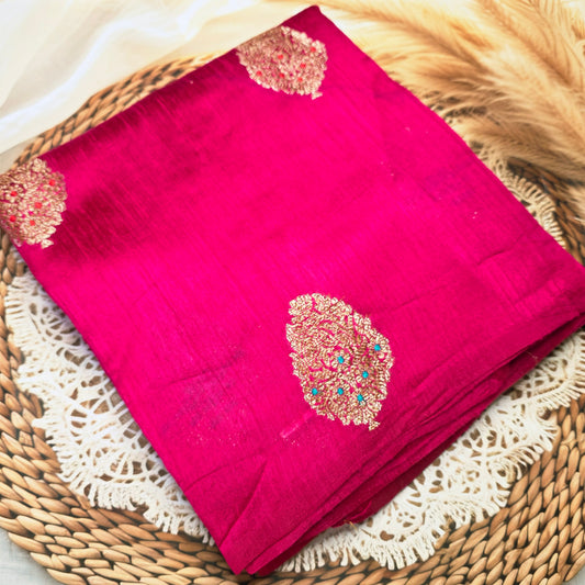 Pure Handloom Matka Silk - Rani pink with blue contrast