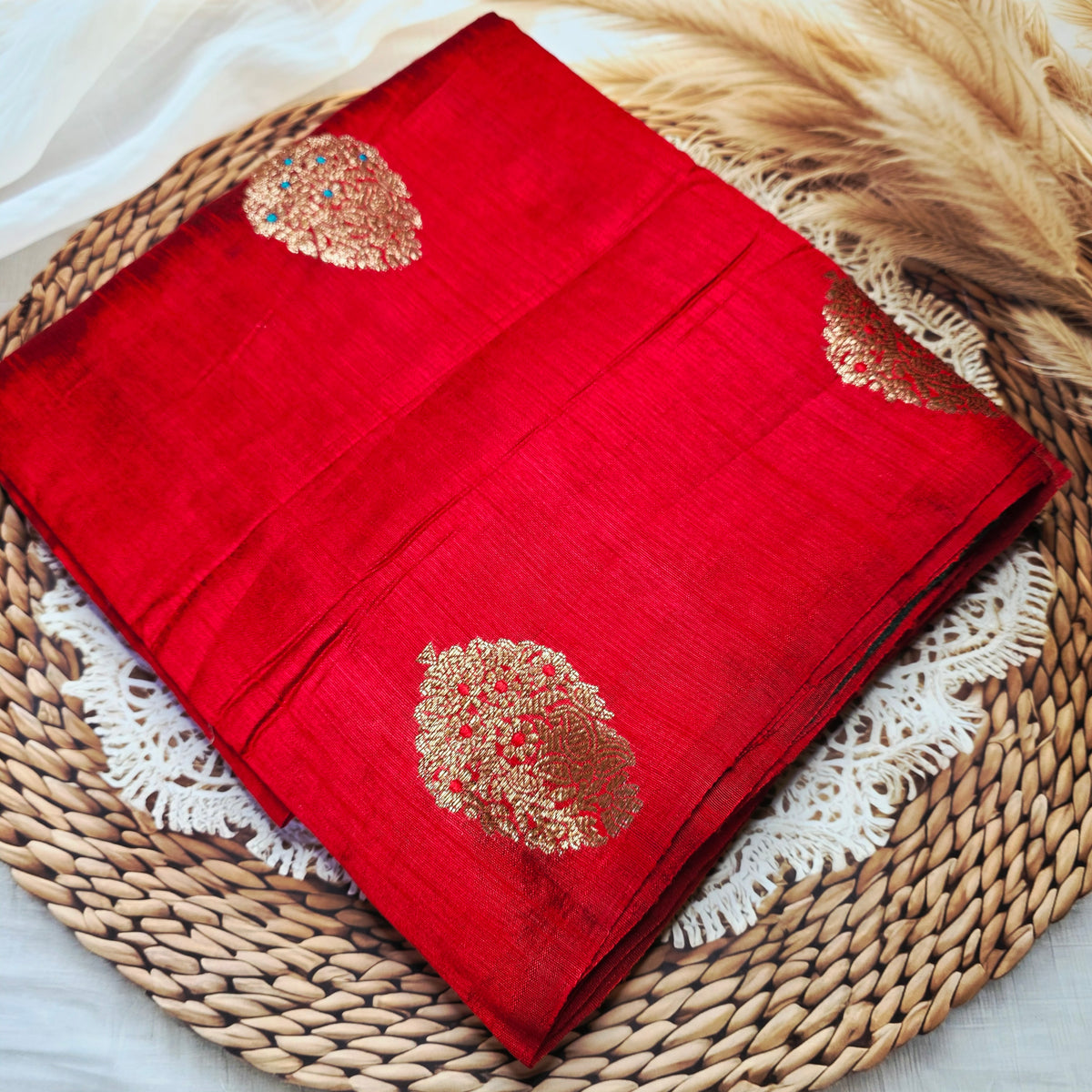 Pure Handloom Matka Silk - Red with Green contrast
