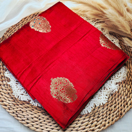 Pure Handloom Matka Silk - Red with Green contrast