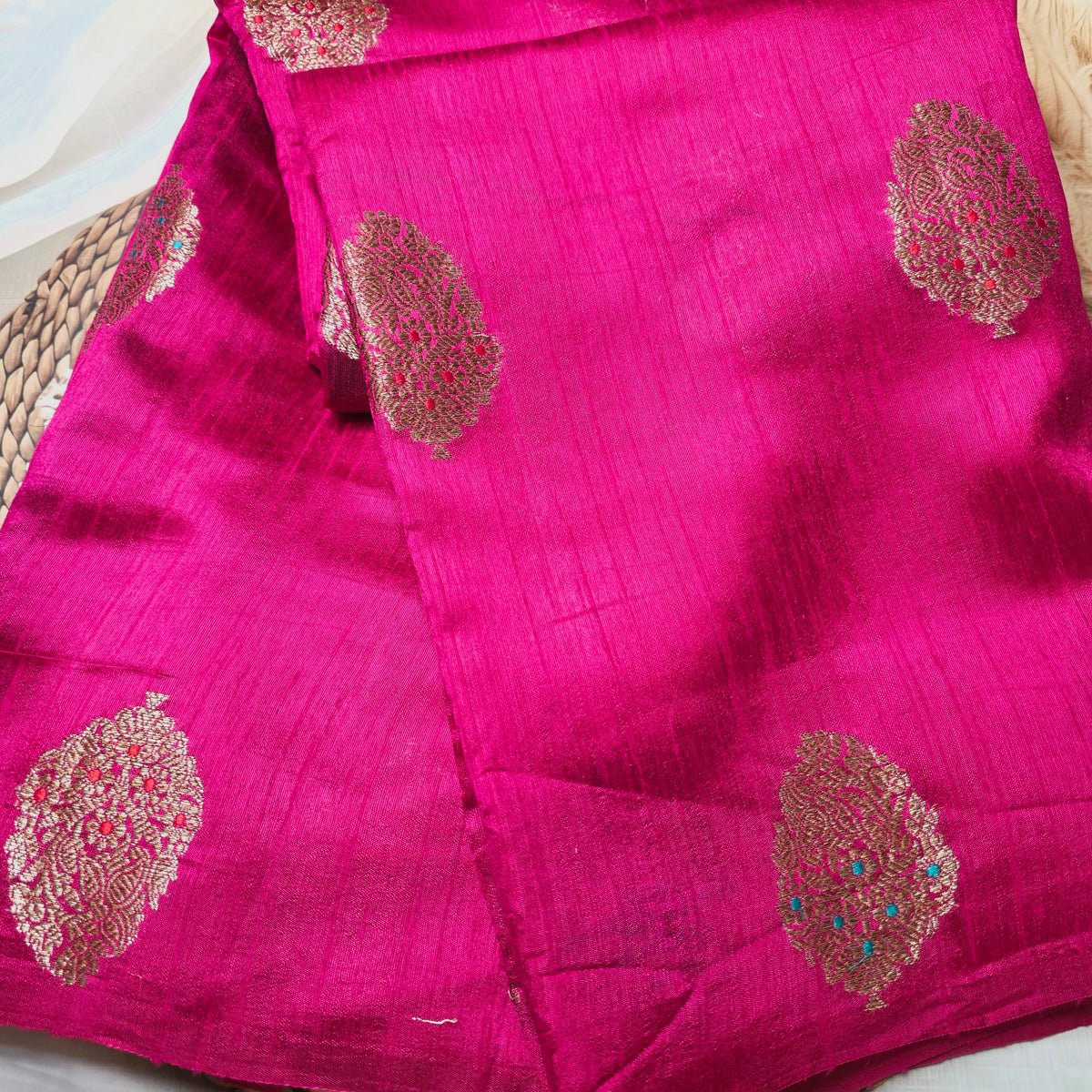 Pure Handloom Matka Silk - Rani pink with blue contrast