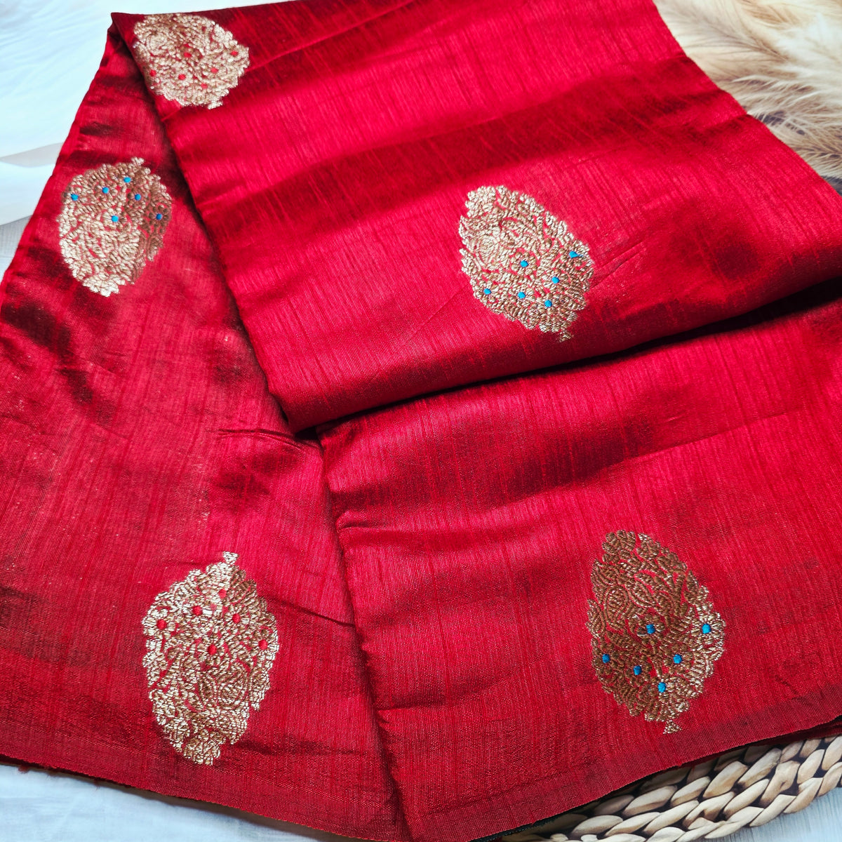 Pure Handloom Matka Silk - Red with Green contrast