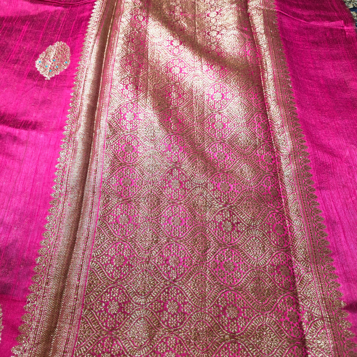 Pure Handloom Matka Silk - Rani pink with blue contrast
