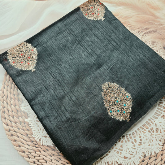 Pure Handloom Matka Silk - Black with blue contrast