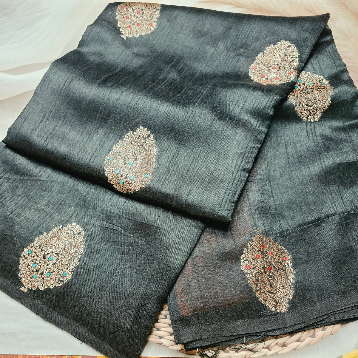 Pure Handloom Matka Silk - Black with blue contrast