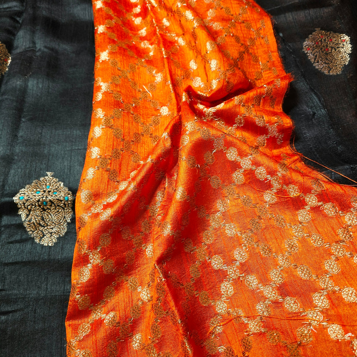 Pure Handloom Matka Silk - Black with blue contrast