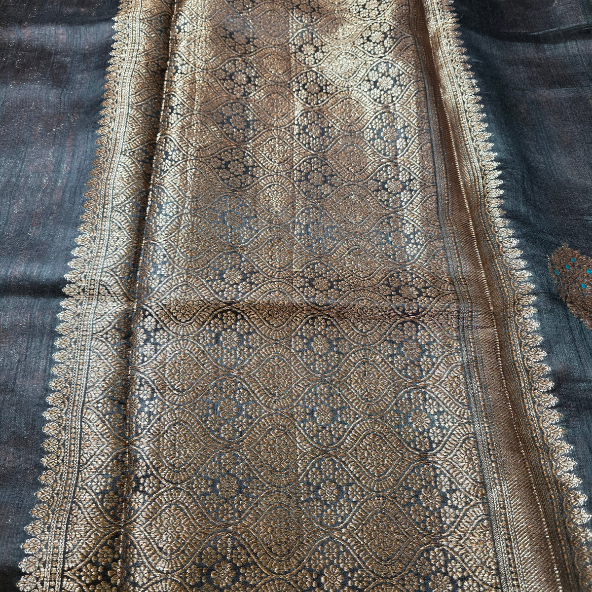 Pure Handloom Matka Silk - Black with blue contrast