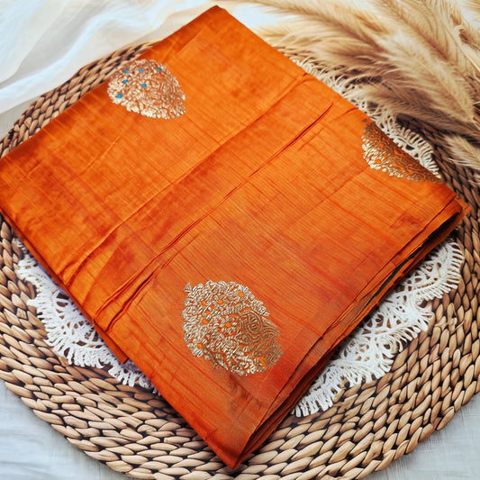 Pure Handloom Matka Silk - Orange with Black contrast