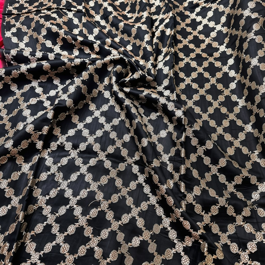 Pure Handloom Matka Silk - Orange with Black contrast