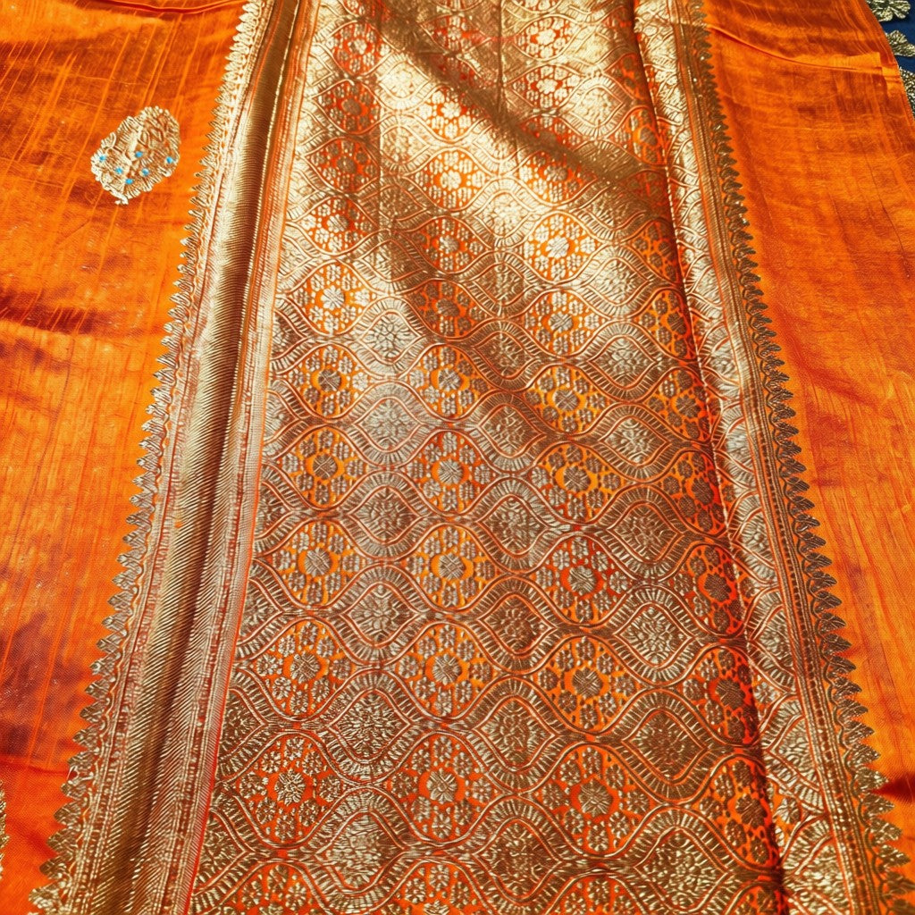 Pure Handloom Matka Silk - Orange with Black contrast