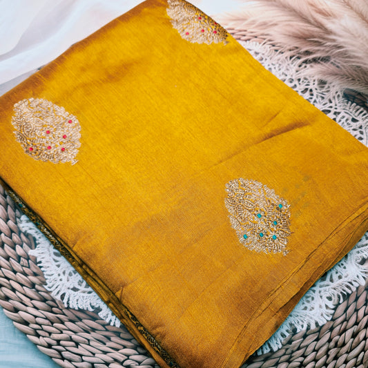 Pure Handloom Matka Silk - Mustard Yellow with Brown contrast