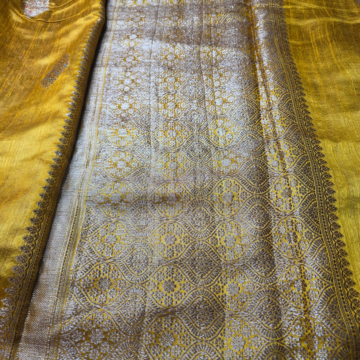 Pure Handloom Matka Silk - Mustard Yellow with Brown contrast