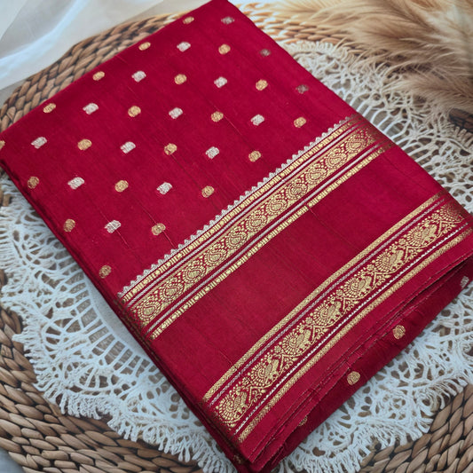 Viscose Crepe Silk - Red with small gold zari buttas