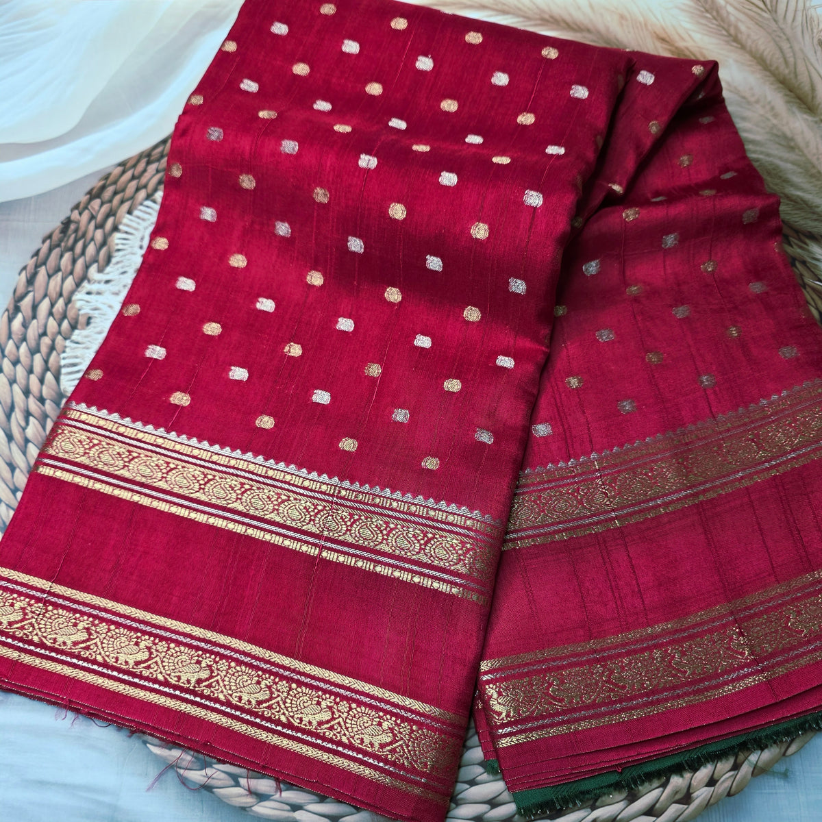 Viscose Crepe Silk - Red with small gold zari buttas