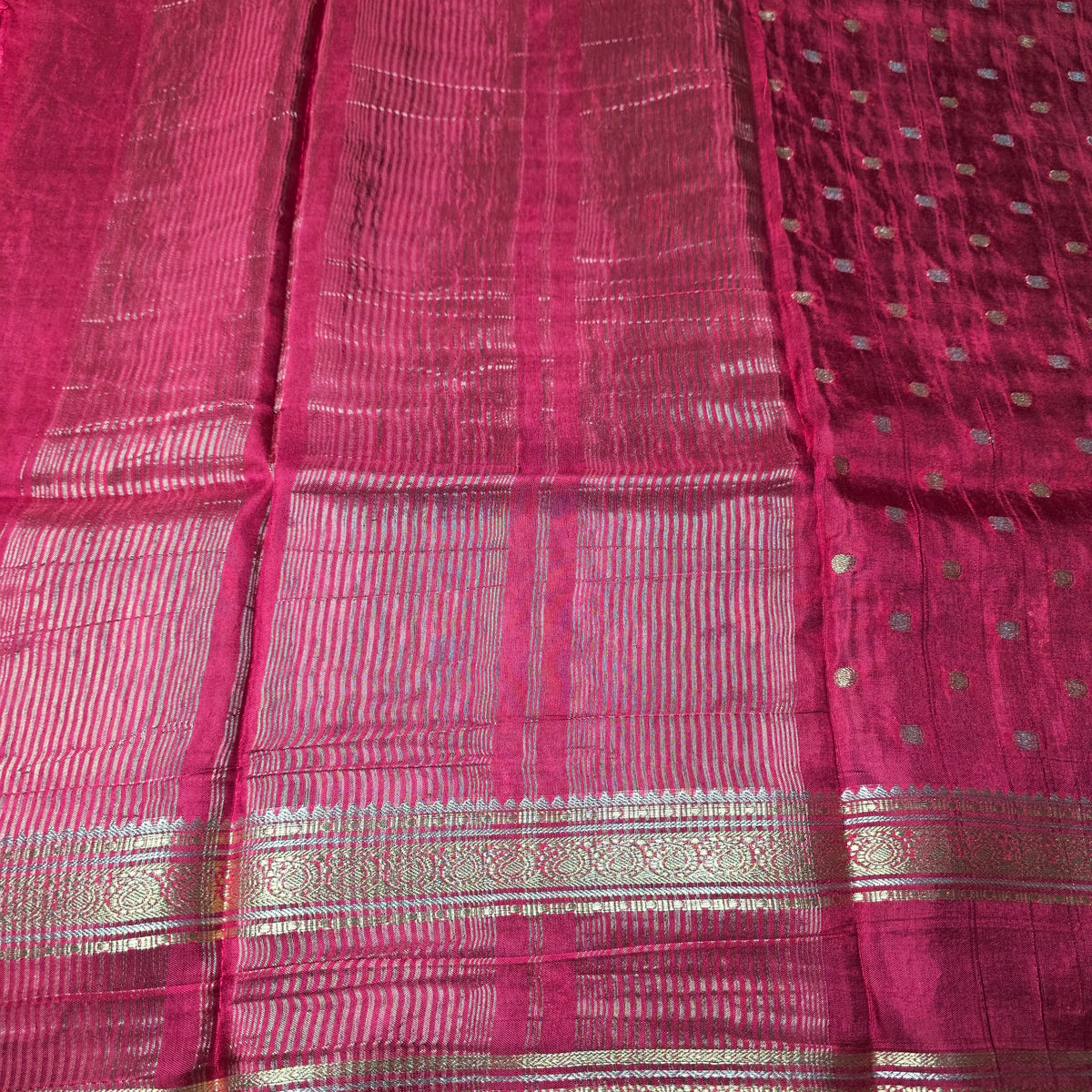 Viscose Crepe Silk - Red with small gold zari buttas