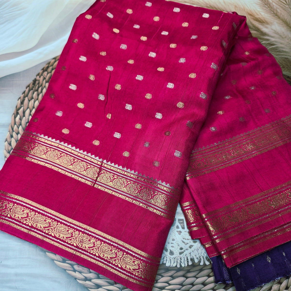 Viscose Crepe Silk - Rani Pink with small gold zari buttas