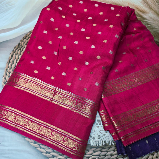 Viscose Crepe Silk - Rani Pink with small gold zari buttas