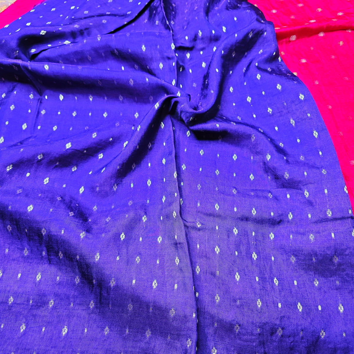 Viscose Crepe Silk - Rani Pink with small gold zari buttas
