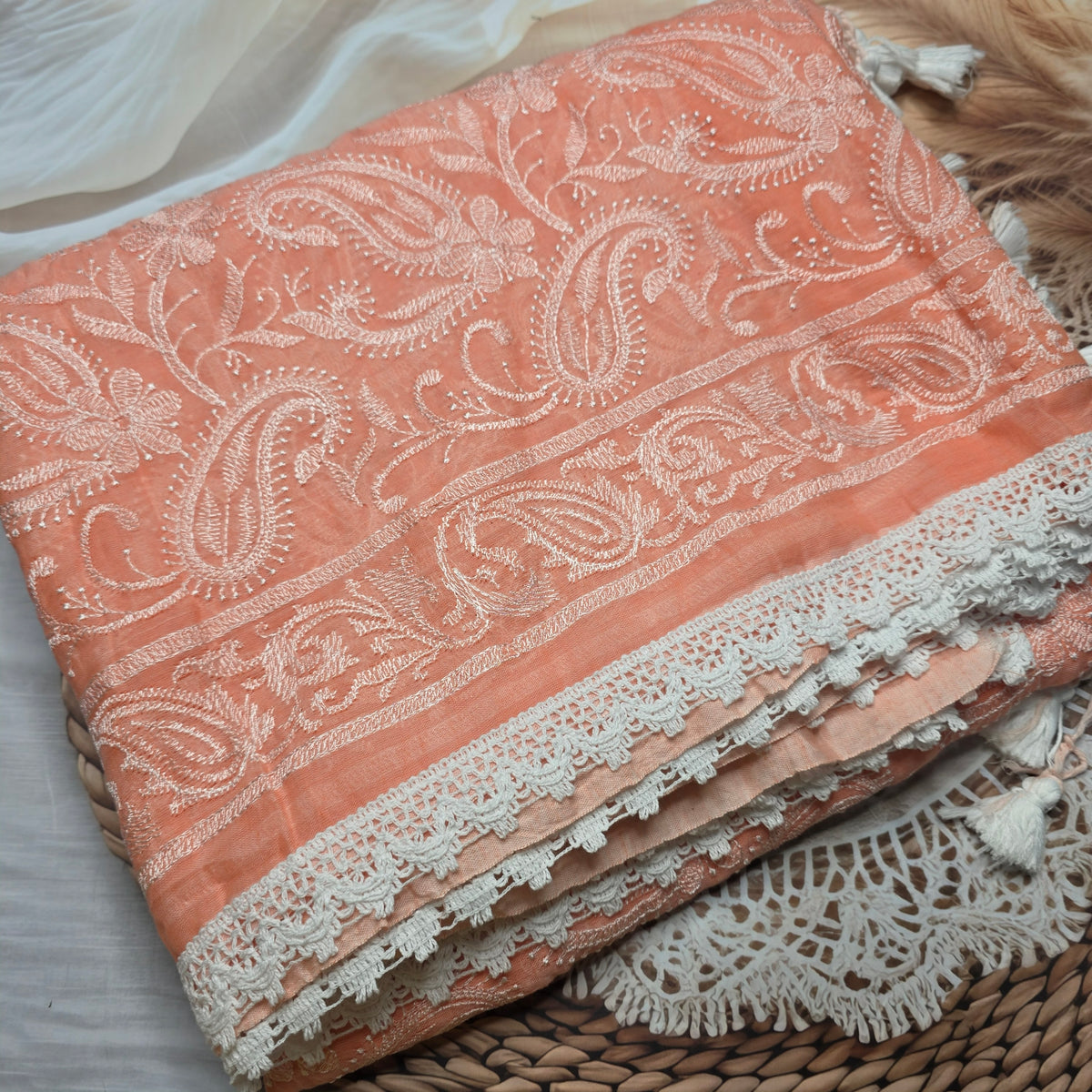 Peach Pure Mul Cotton Chikankari saree