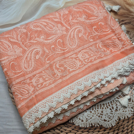 Peach Pure Mul Cotton Chikankari saree