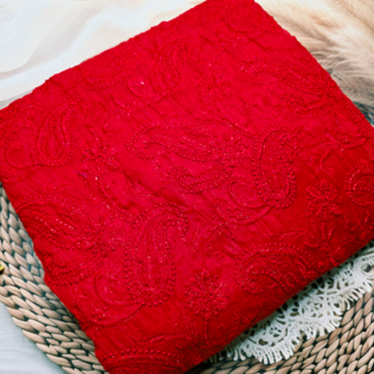 Red Pure Mul Cotton Chikankari saree