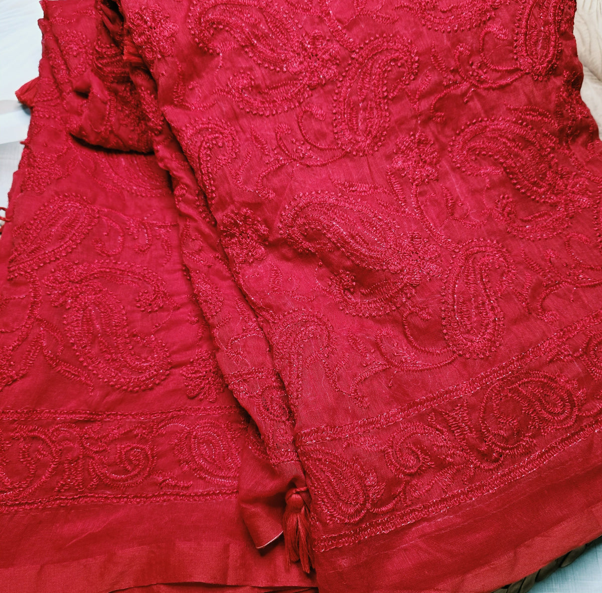 Red Pure Mul Cotton Chikankari saree