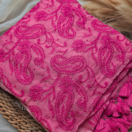 Pink Pure Mul Cotton Chikankari saree