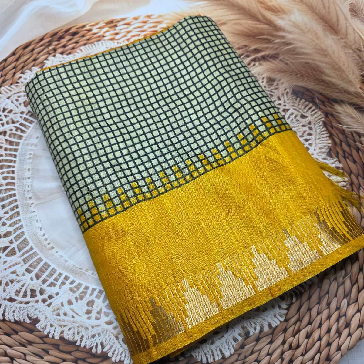 Sunshine Yellow - Linen Cotton saree in lines and Checks pattern