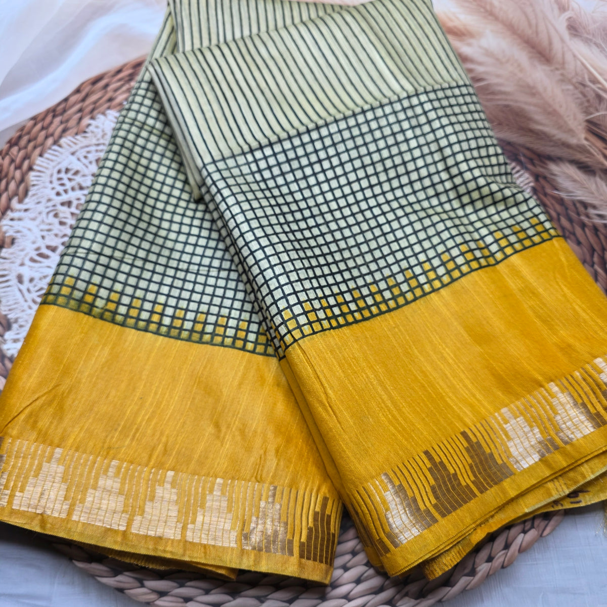 Sunshine Yellow - Linen Cotton saree in lines and Checks pattern