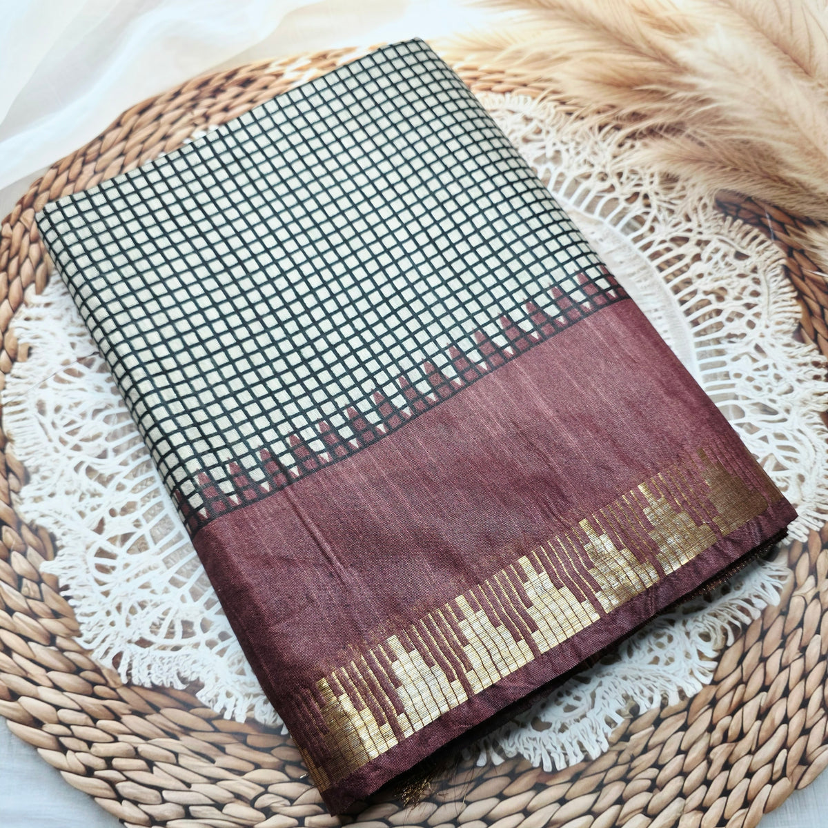 Chocolate brown - Linen Cotton in lines and checks pattern
