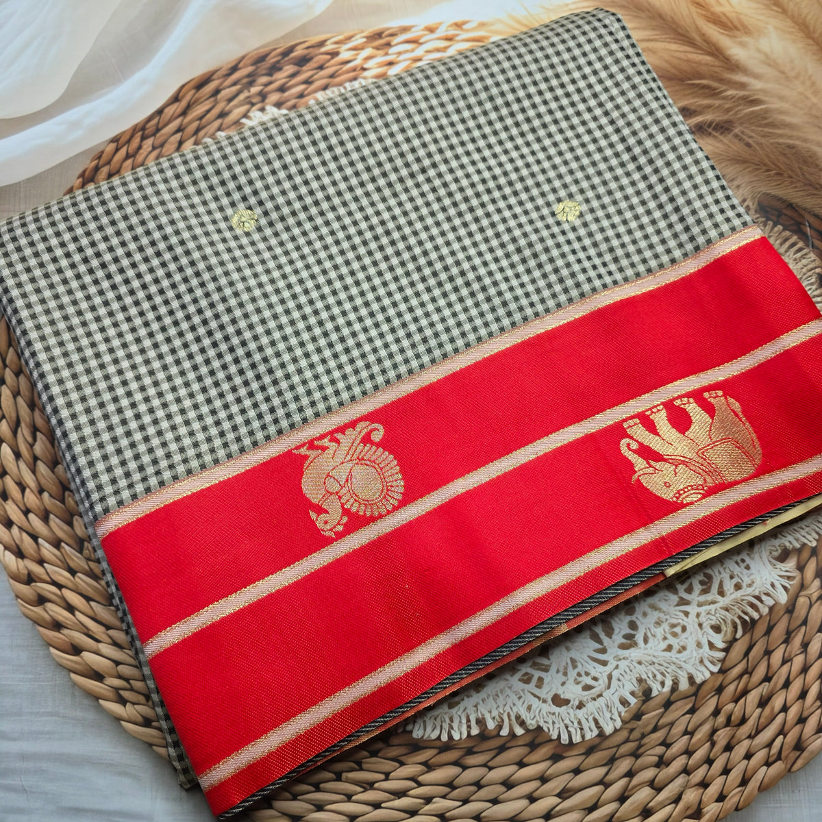 Soft Kanchi Silk - Red and Black checkered saree