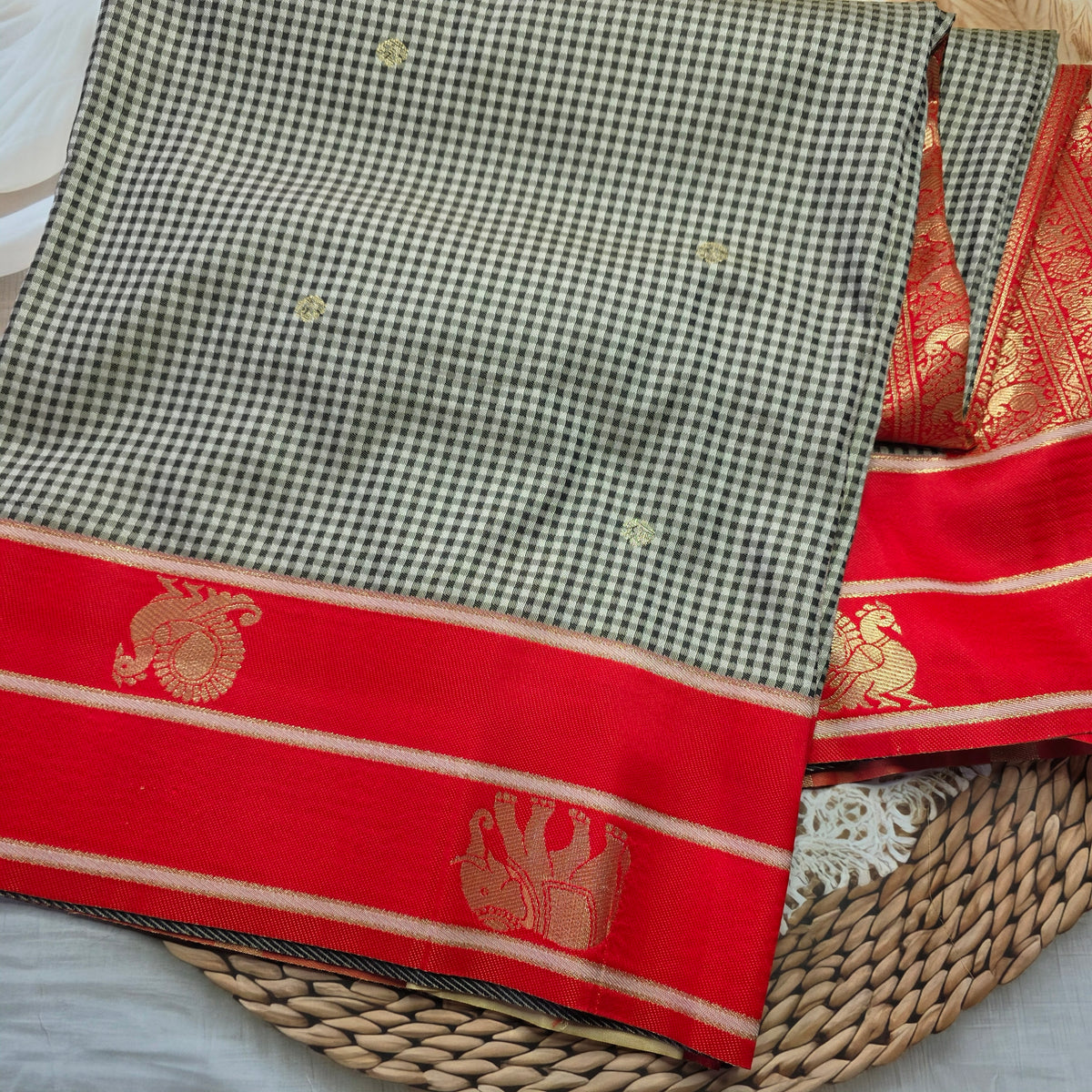 Soft Kanchi Silk - Red and Black checkered saree