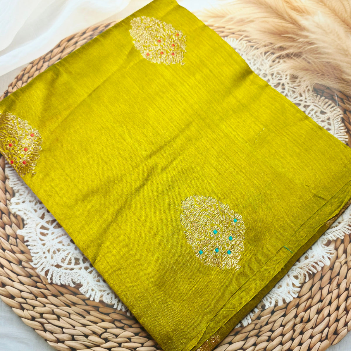 Pure Handloom Matka Silk - Olive green with Voilet contrast