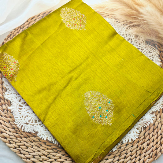 Pure Handloom Matka Silk - Olive green with Voilet contrast