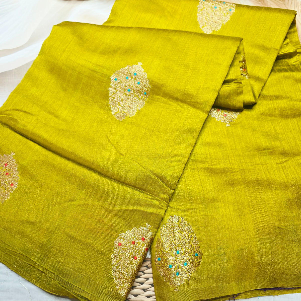 Pure Handloom Matka Silk - Olive green with Voilet contrast