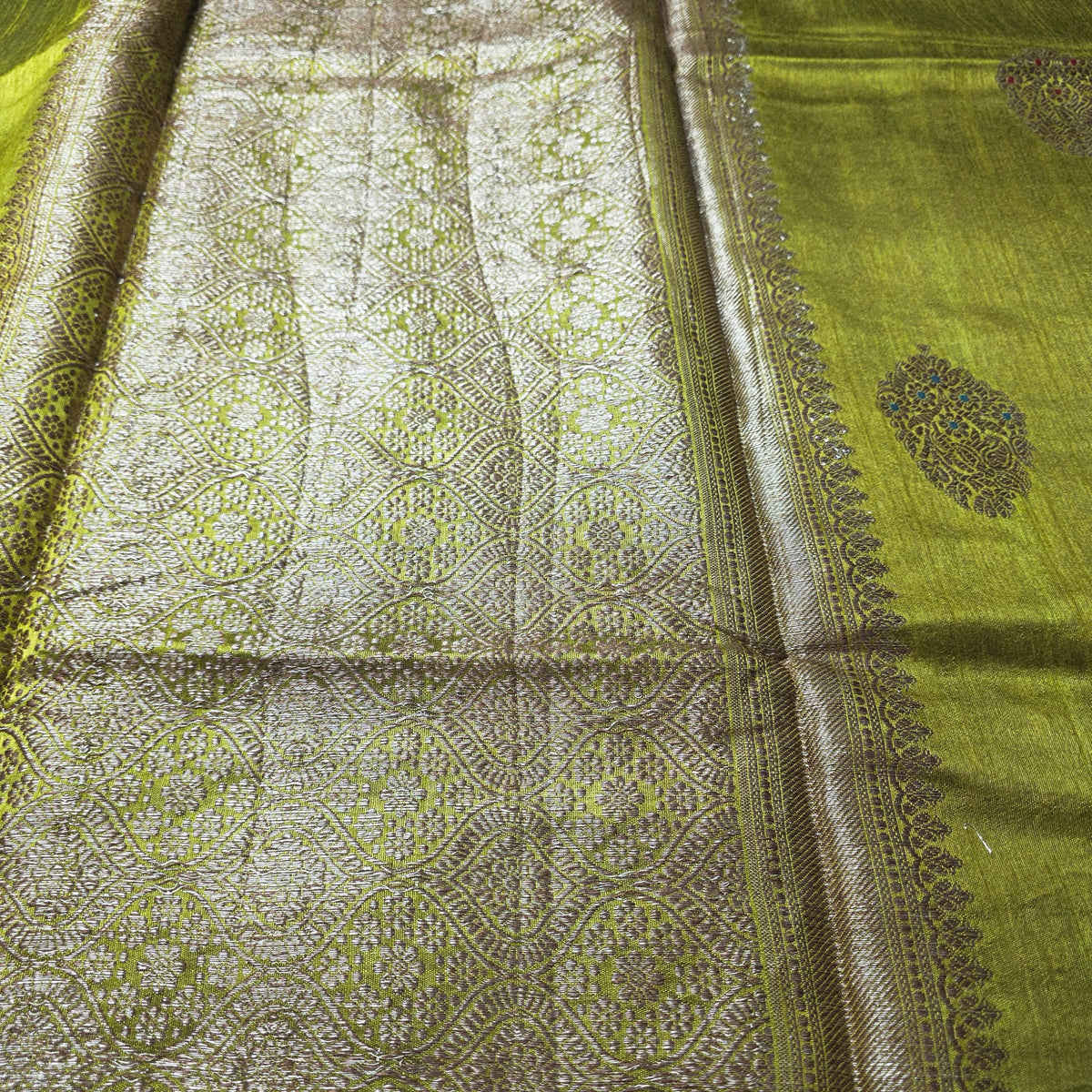 Pure Handloom Matka Silk - Olive green with Voilet contrast