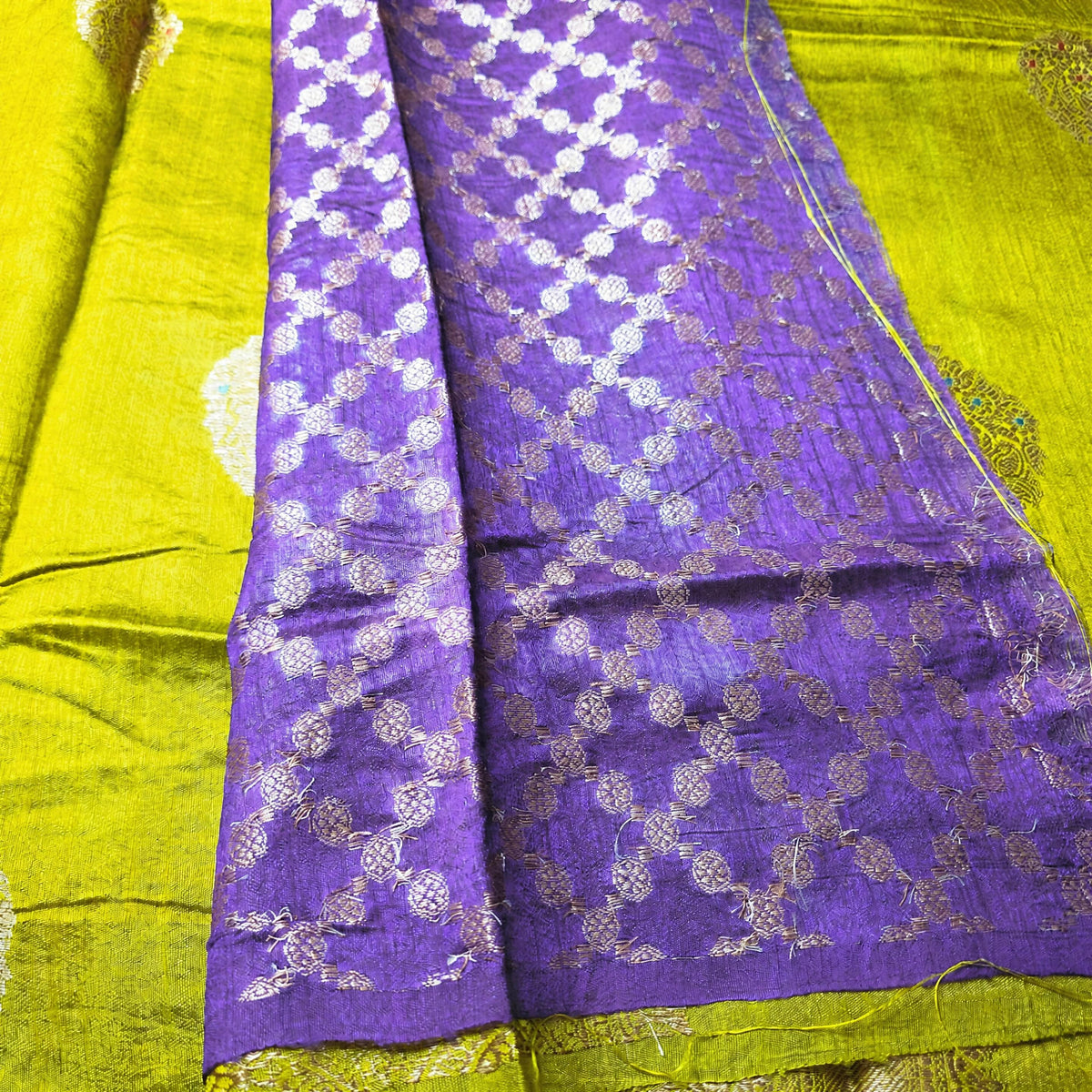 Pure Handloom Matka Silk - Olive green with Voilet contrast