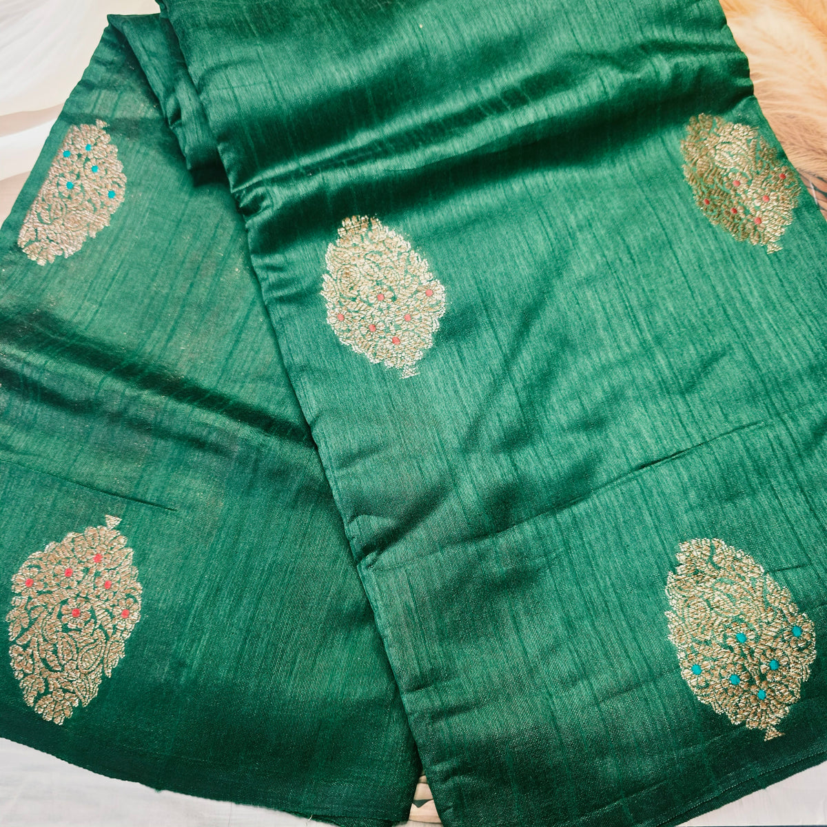 Pure Handloom Matka Silk - Green with Red contrast