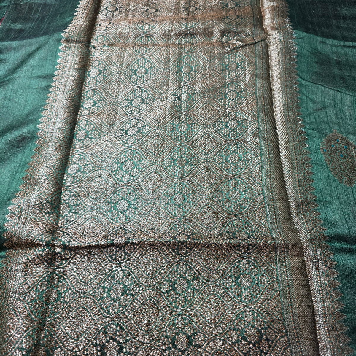 Pure Handloom Matka Silk - Green with Red contrast