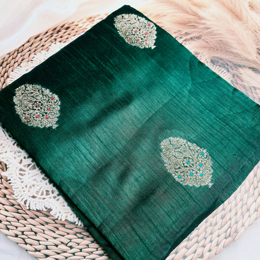 Pure Handloom Matka Silk - Green with Red contrast