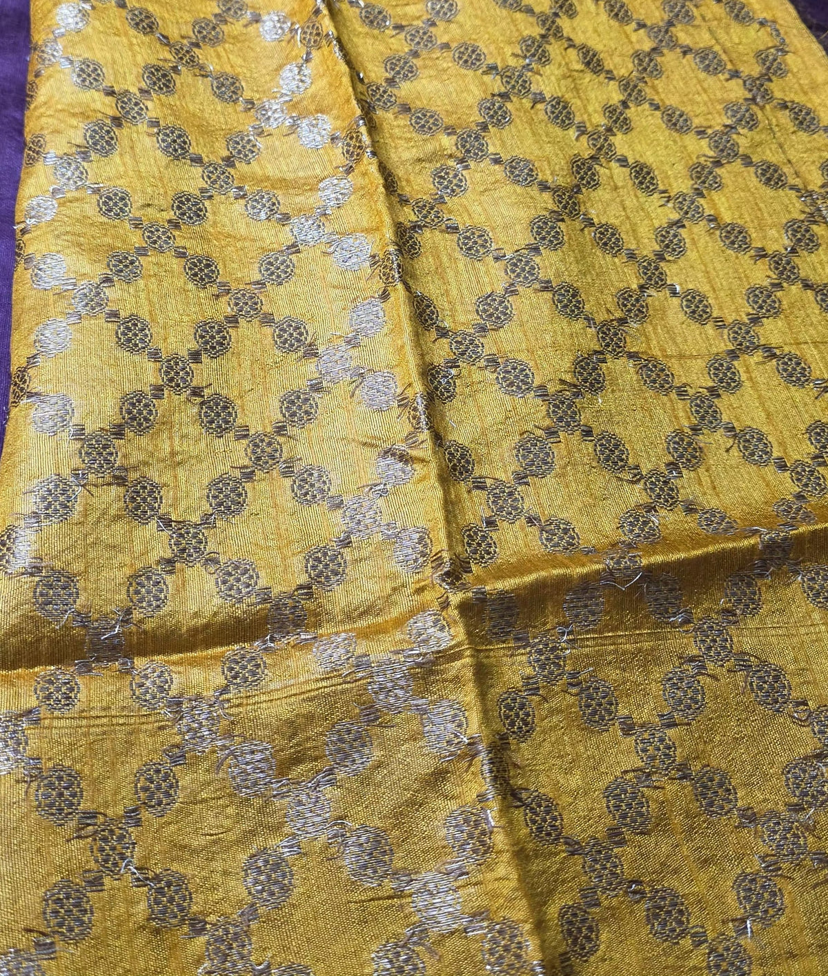Pure Handloom Matka Silk - Winish brown with yellow contrast