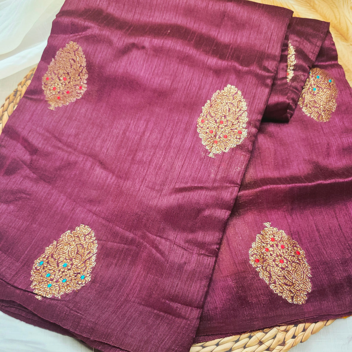 Pure Handloom Matka Silk - Winish brown with yellow contrast