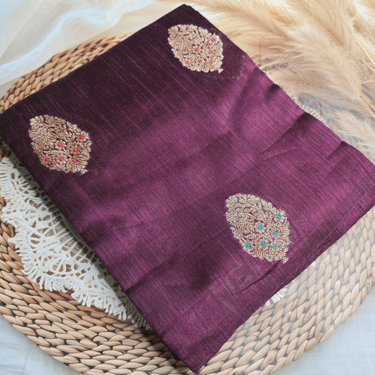 Pure Handloom Matka Silk - Winish brown with yellow contrast