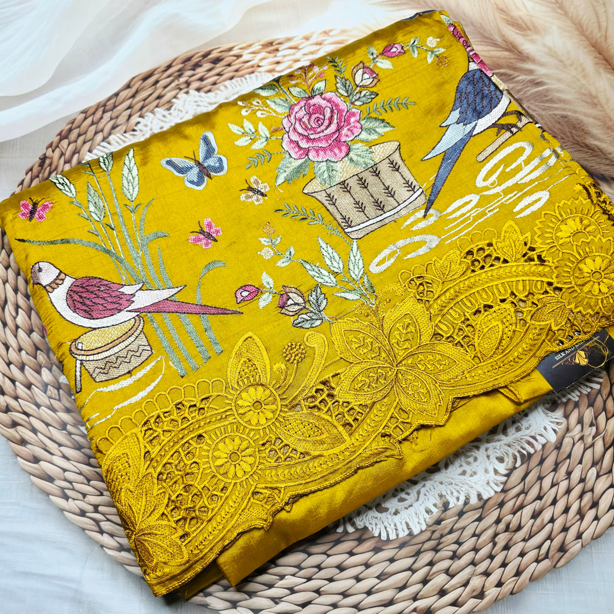 Pure Raw Silk - Machine embroidery with scallop cut work - Amber